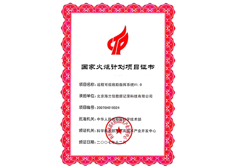 VMS国家火炬计划项目证书